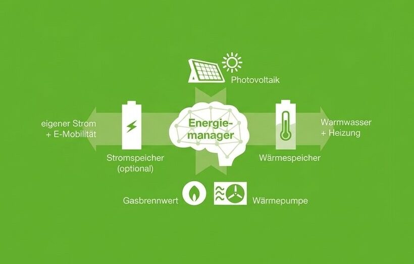 Grünes Diagramm mit einem zentralen Gehirn-Symbol, beschriftet als Energiemanager. Oben ein Solarmodul mit Sonne und der Beschriftung Photovoltaik, mit einem Pfeil zum Energiemanager. Links ein Batteriesymbol mit Blitz und der Beschriftung Stromspeicher (optional), das über einen Pfeil zu Eigener Strom + E-Mobilität führt. Rechts ein Batteriesymbol mit Thermometer und der Beschriftung Wärmespeicher, das über einen Pfeil zu Warmwasser + Heizung führt. Unten sind ein Flammen-Symbol mit Gasbrennwert und ein Ventilator-Symbol mit Wellen und Wärmepumpe dargestellt, jeweils mit Pfeilen zum Energiemanager.