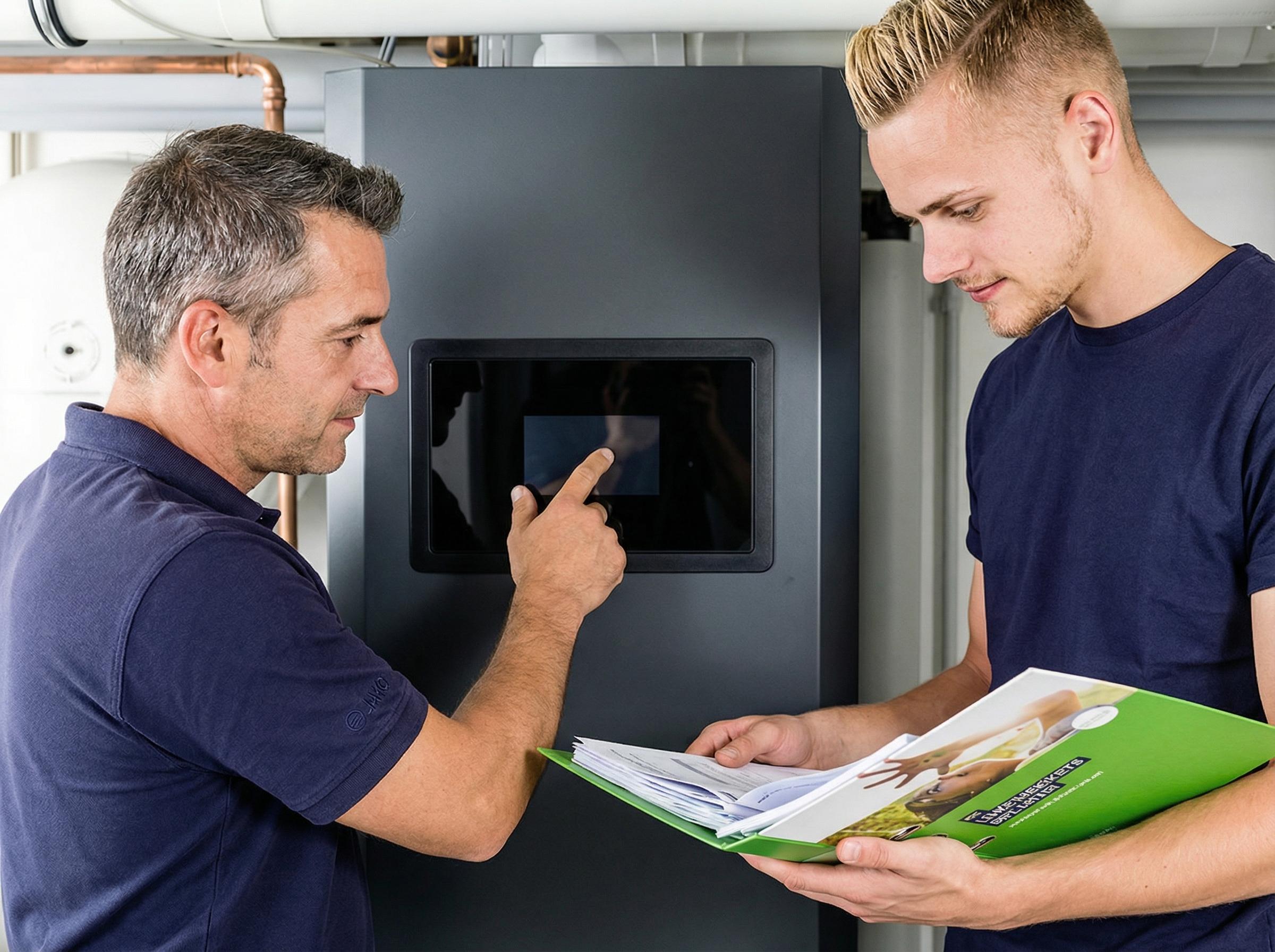 Zwei Männer stehen vor einer modernen Heizungsanlage. Der ältere Mann mit grauen Haaren und einem dunklen Poloshirt zeigt mit dem Finger auf ein schwarzes Display der Anlage. Der jüngere Mann mit blonden Haaren und einem dunklen T-Shirt hält einen geöffneten grünen Ordner mit Unterlagen in den Händen und blickt darauf. Im Hintergrund sind weiße Rohre und technische Installationen zu sehen.