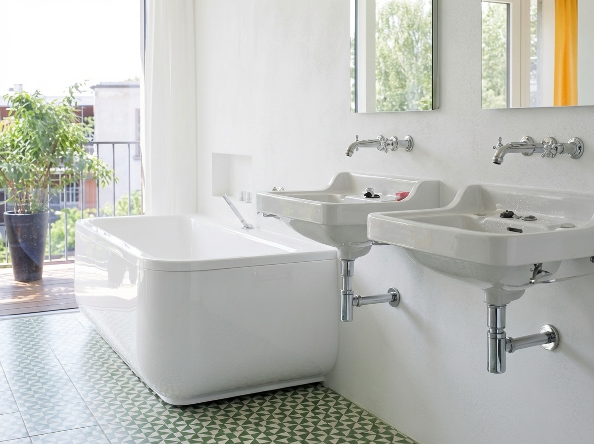 Helles Badezimmer mit einer weißen, rechteckigen Badewanne am Fenster, durch das ein Balkon mit einer Pflanze und Bäumen zu sehen ist. Daneben befinden sich zwei wandmontierte weiße Waschbecken mit Chromarmaturen und darüber zwei Spiegel. Der Boden ist mit grün-weiß gemusterten Fliesen ausgelegt.