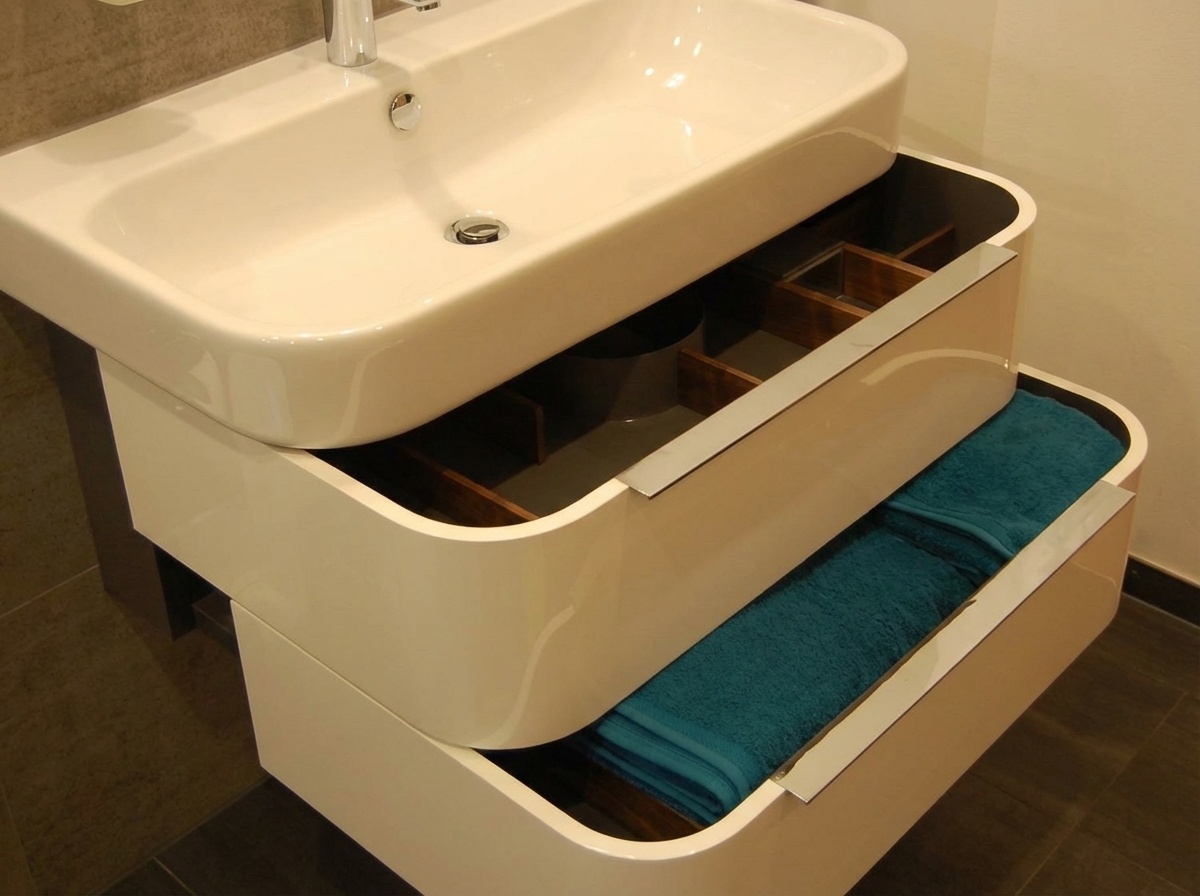 Weißes, rechteckiges Waschbecken mit Chromarmatur auf einem cremefarbenen Waschtischunterschrank. Die oberen beiden Schubladen des Waschtischunterschranks sind geöffnet; die obere zeigt hölzerne Unterteilungen, die untere enthält ein gefaltetes türkises Handtuch.